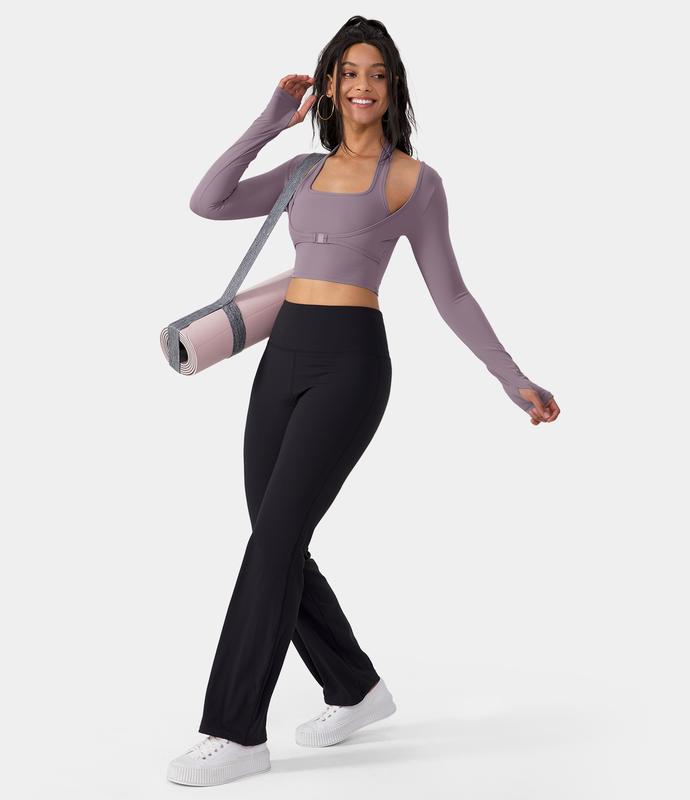 Halara Softlyzero️ plush Halter Thumb Hole Long Sleeve Cropped 2-in-1 Yoga Sports Top