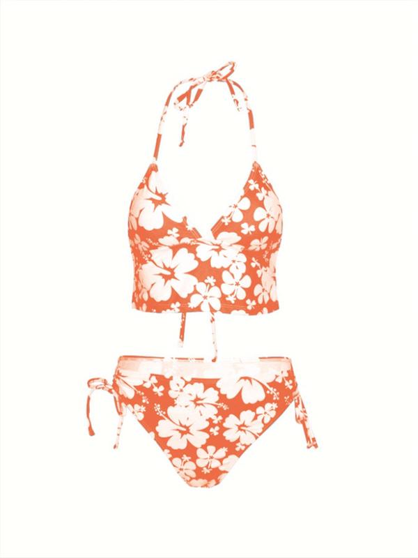 Two-piece Set Women's Floral Print Tie Back Bikinis Set, Summer Outfits 2024, Halter Wireless Swim Top & Drawstring Tie Side Swim Bottom, Two-piece Swimsuit for Summer Beach, Summer Clothes Sets