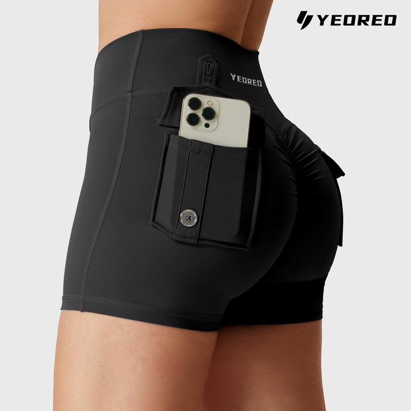 YEOREO Scrunch Workout Shorts with Pockets Charm Gym Biker Shorts for Women High Waisted Yoga Booty Shorts elastic athletic