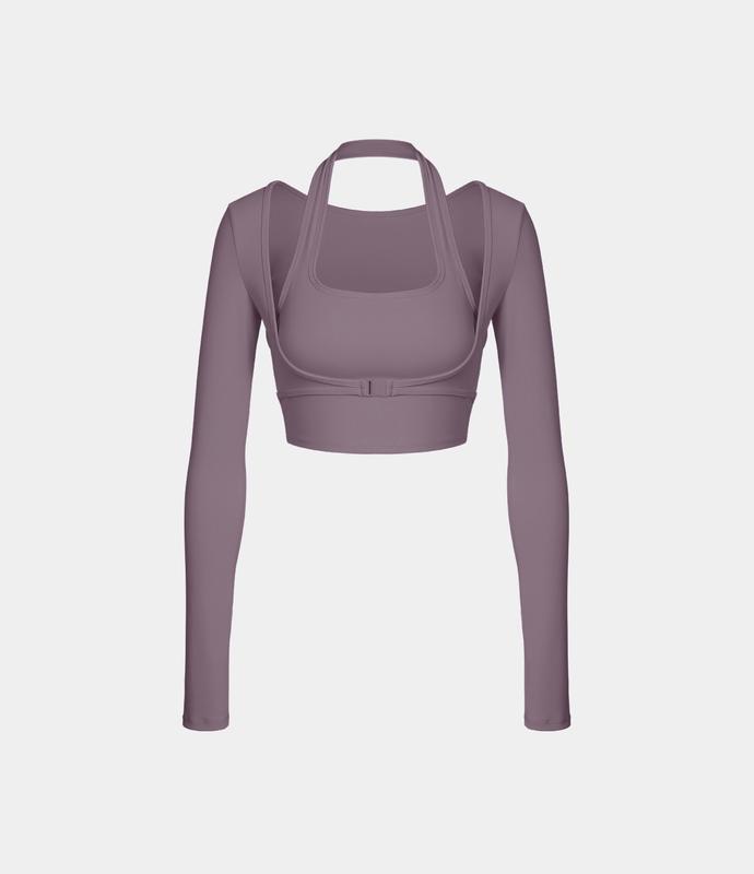 Halara Softlyzero️ plush Halter Thumb Hole Long Sleeve Cropped 2-in-1 Yoga Sports Top