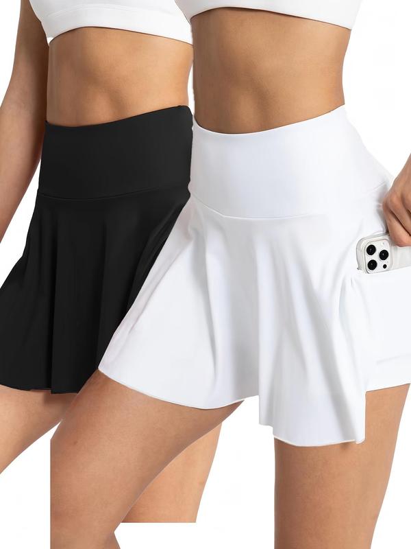 Women's Plain 2 In 1 High Waist Pocket Tennis Skort, Casual Comfy Solid Color Skort for Summer, Ladies Bottoms for Gym Workout