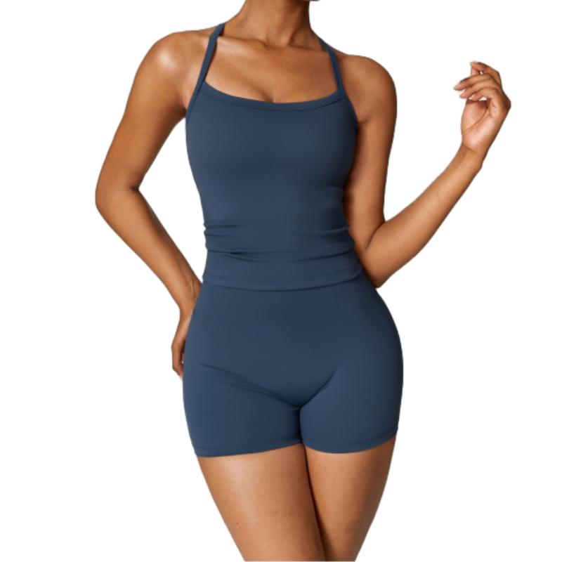 Women's Athletic Set: High Stretch Nylon Backless Tank Top & High-Waist Running Shorts - Stretchy, Skinny Short Activewear Cami Top High Waist