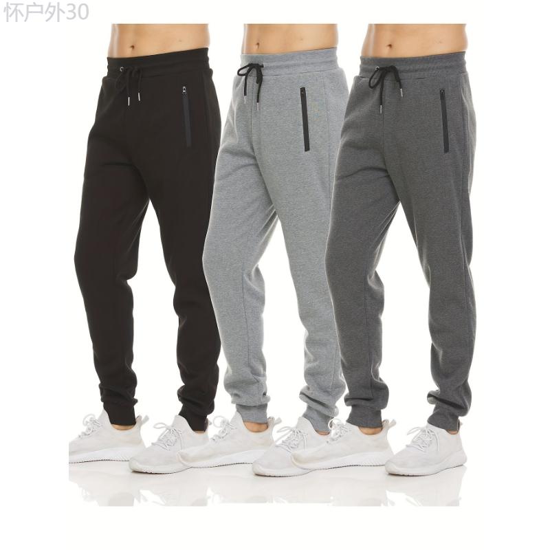 3Pcs Men's Solid Outdoor Sports Joggers, Comfy Drawstring Trousers