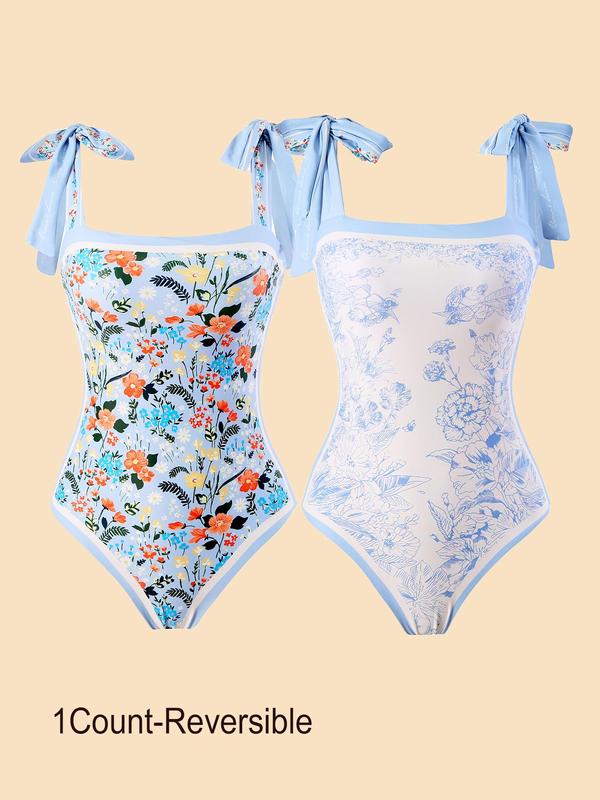 Women's Knot Contrast Binding One-piece Swimsuit, Vintage Floral & Flamingo Print Swimwear, Ladies Summer Swimsuit for Beach Holiday Vacation