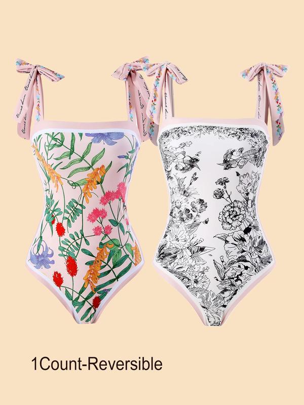 Women's Knot Contrast Binding One-piece Swimsuit, Vintage Floral & Flamingo Print Swimwear, Ladies Summer Swimsuit for Beach Holiday Vacation