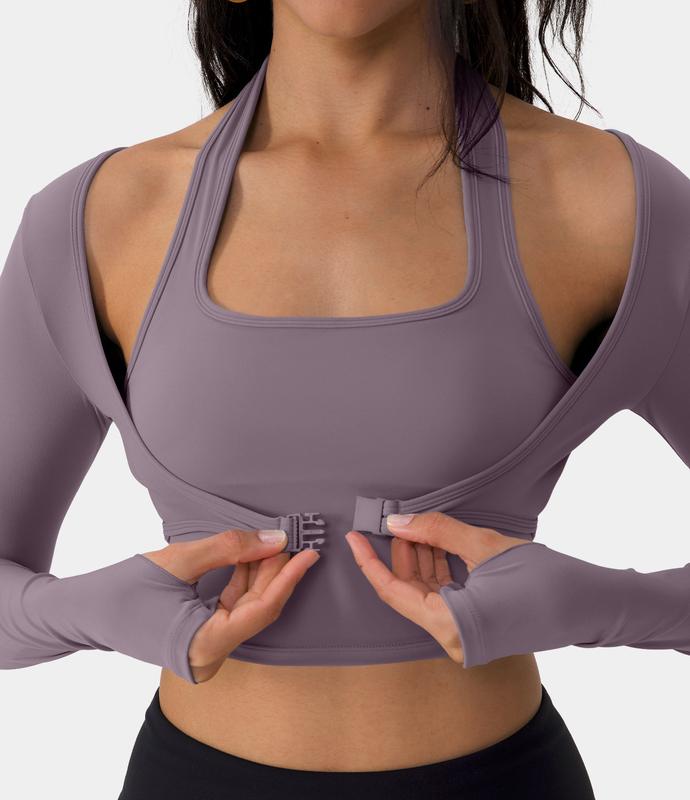 Halara Softlyzero️ plush Halter Thumb Hole Long Sleeve Cropped 2-in-1 Yoga Sports Top