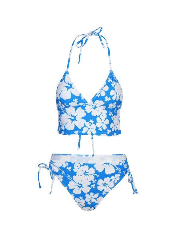 Two-piece Set Women's Floral Print Tie Back Bikinis Set, Summer Outfits 2024, Halter Wireless Swim Top & Drawstring Tie Side Swim Bottom, Two-piece Swimsuit for Summer Beach, Summer Clothes Sets