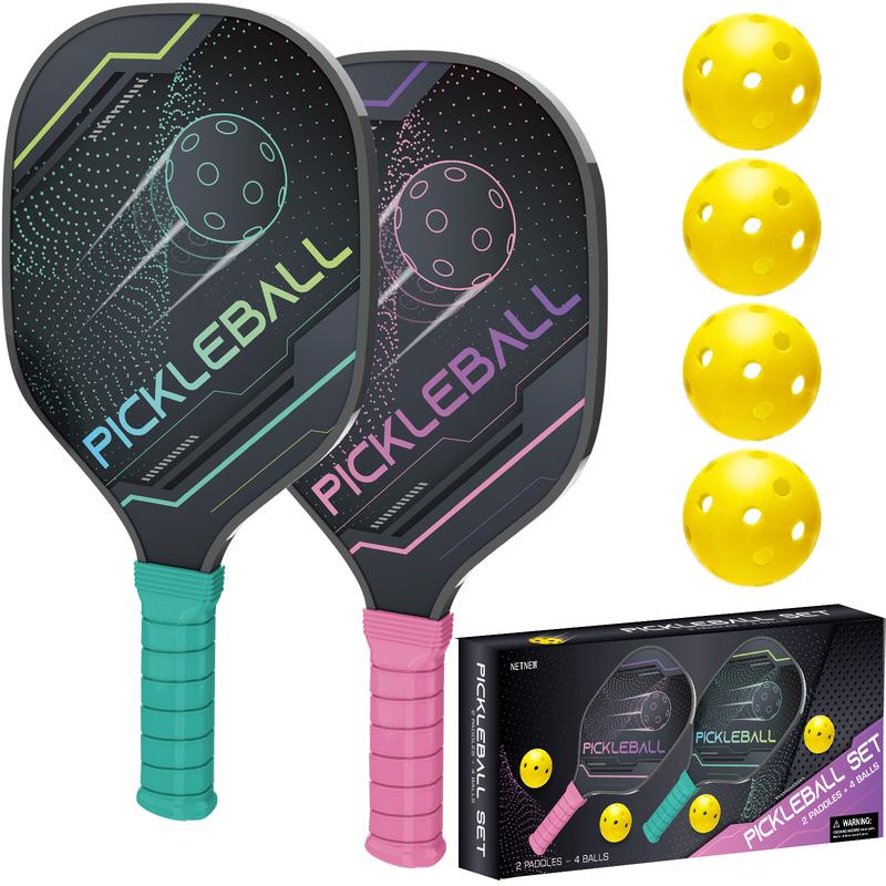 NETNEW Pickleball Paddles Pickleball Set of 2 Paddles, 4 Indoor Outdoor Pickleball Balls, Pickleball Paddle Set of 2 Wood Pickleball Racket Pickleball Racquets Gifts for Men Women All Levels & Ages