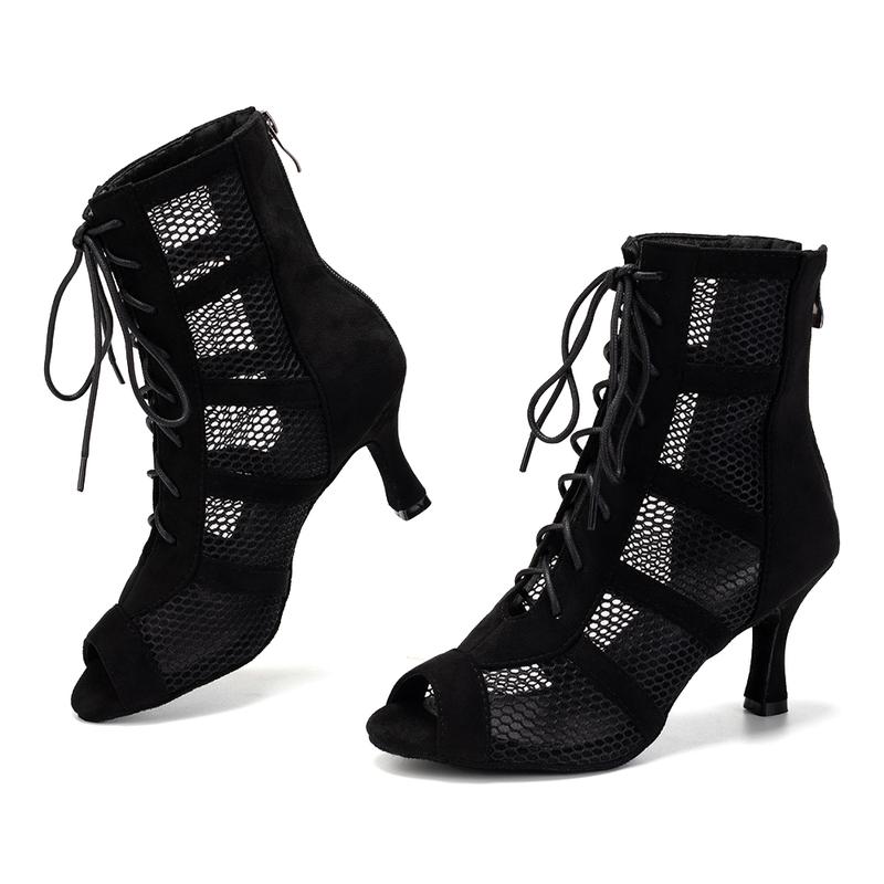 HROYL Latin Salsa Dance Shoes Lace-up Open Toe Ballroom Dance Heel Boots Women,7.5cm heel dance  heels dance heels