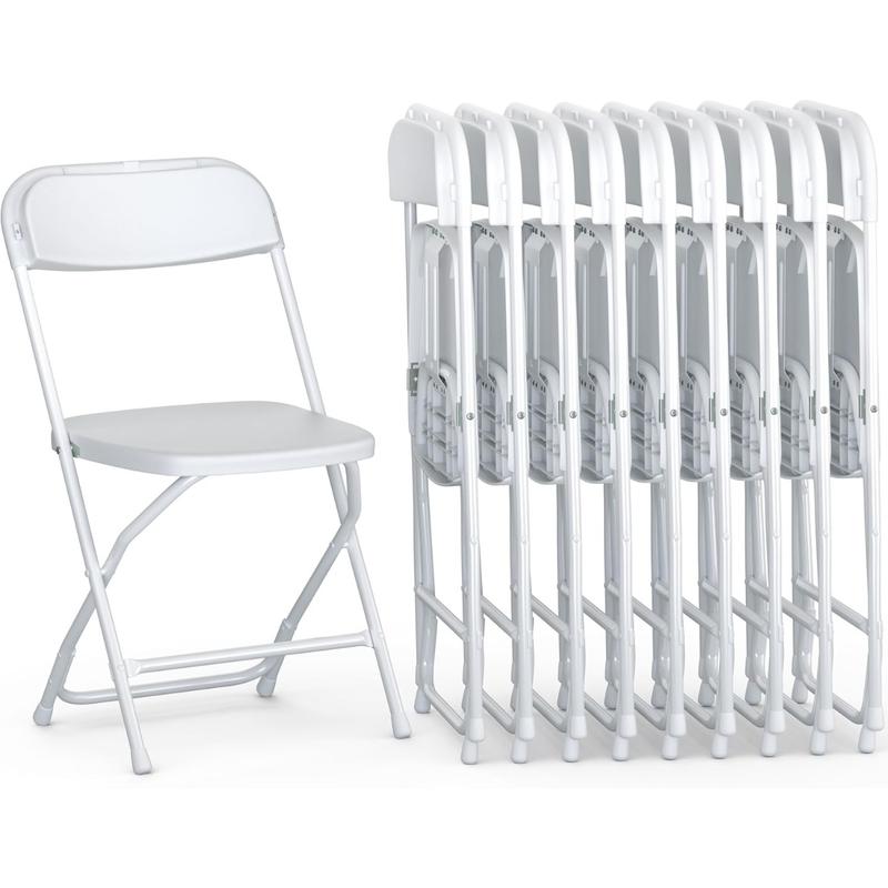 9 Pack White Plastic Chair | Foldable & Stackable | 300 lbs Capacity Steel Frame Seats for Indoor or Outdoor | Commercial Use Events Wedding Party Events Bulk Picnic Kitchen Dining