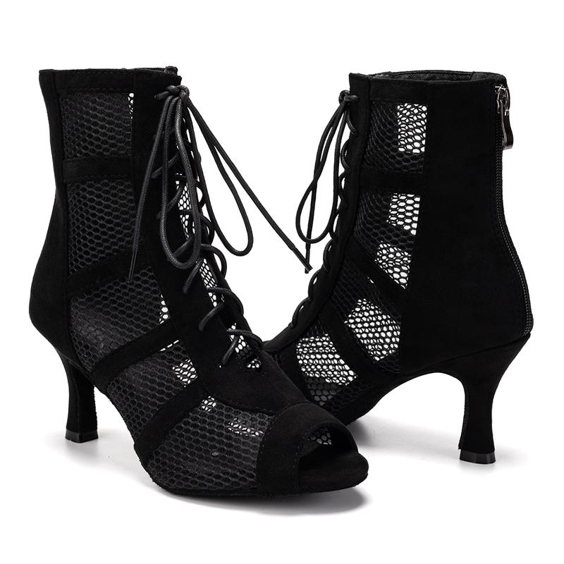 HROYL Latin Salsa Dance Shoes Lace-up Open Toe Ballroom Dance Heel Boots Women,7.5cm heel dance  heels dance heels