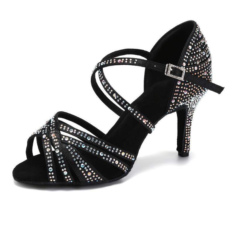 Women's Rhinestone Decor Glitter Latin Dance Shoes, Cross Straps Buckles Indoor Dance Shoes, Salsa Balloon Danceshoe, Evening Dance Performance Shoes for Music Festival