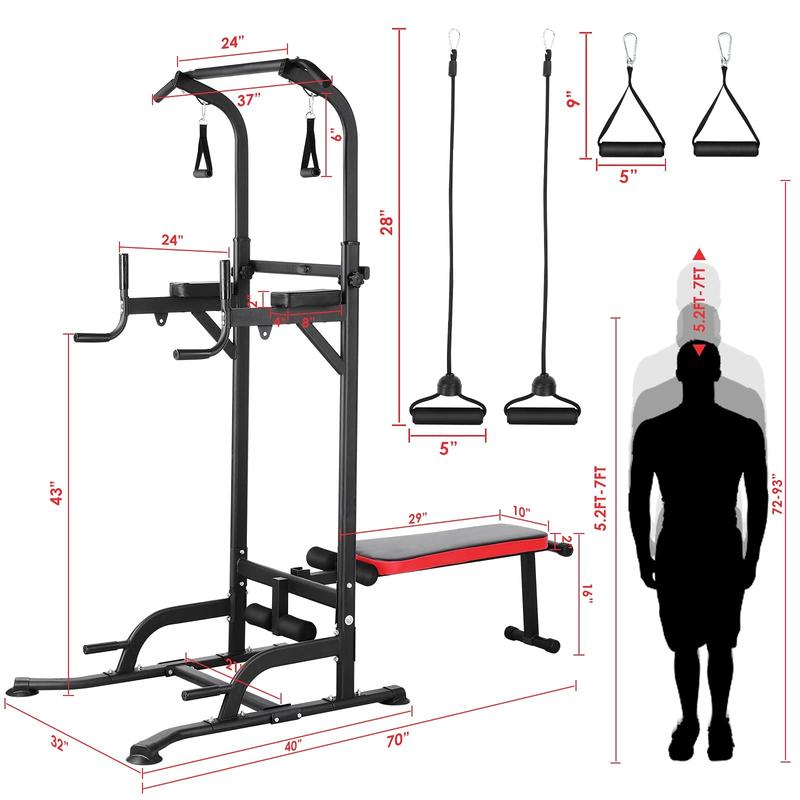 Pull Up Bar Stand with Folding Weight Bench,4 Ropes Strength Training Fitness adjustable Heights Equipment,for Home Office Gym Strength Training