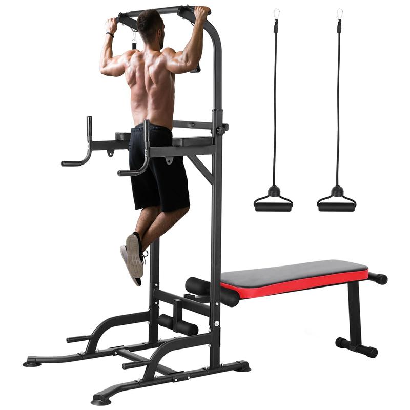 Pull Up Bar Stand with Folding Weight Bench,4 Ropes Strength Training Fitness adjustable Heights Equipment,for Home Office Gym Strength Training