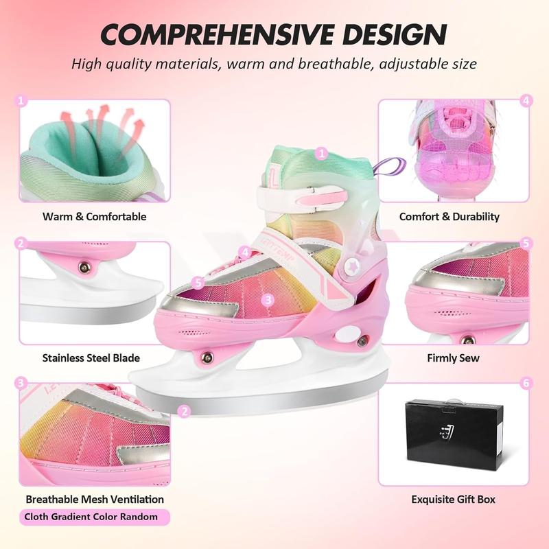 Adjustable Ice Skates for Kids Boys Girls, Blades Iceskates Ages 3-12, Pink, Purple, Black, Blue Warm Ice Skating Shoes for Outdoor and Rink