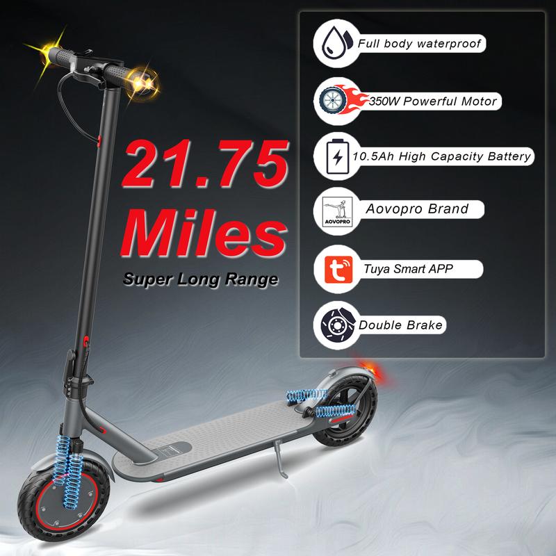 AOVOPRO AP07 electric scoote 22 miles of range, front and rear double shock absorbers 19MPH ultra-high speed, 8.5-inch non-slip solid tires 3-speed transmission, foldable waterproof grade IP65, LCD display