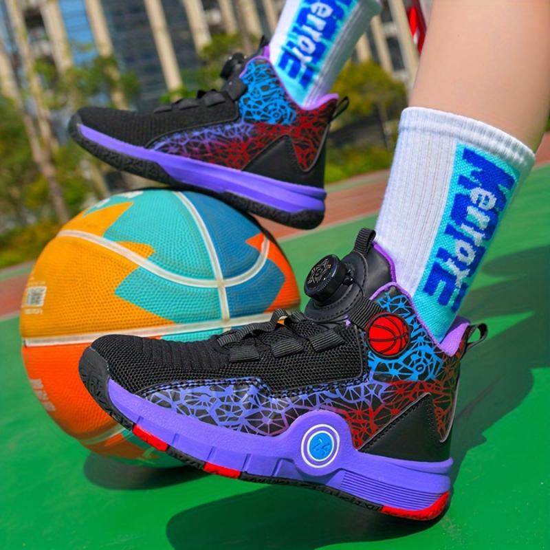 Youngsters' All-Season Basketball Sneakers with Rotating Buckle - Breathable Mesh, Non-Slip Rubber Sole for Boys & Girls