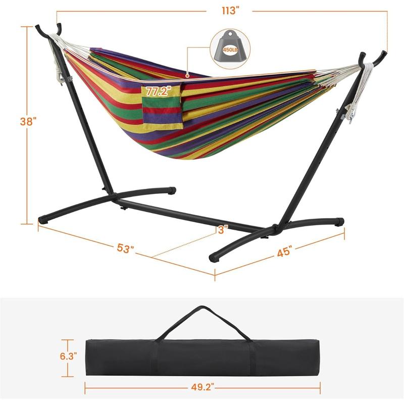 Double Hammock w Stand, 2-people Hammock & Stand Set w Storage Bag & Carrying Bag, Outdoor Indoor Heavy-duty Portable Hammock, 450LB Capacity - Rainbow Stripe