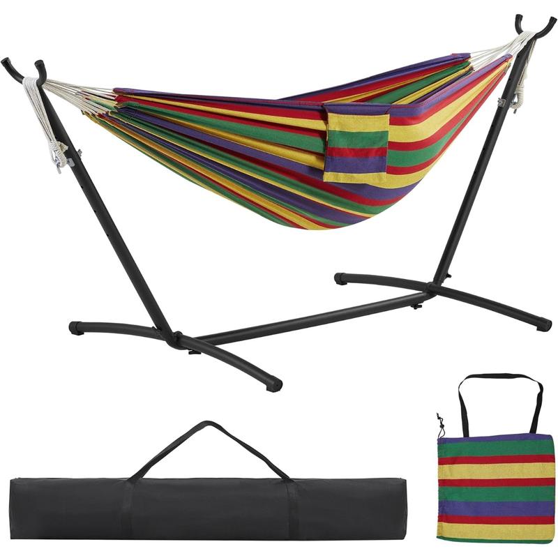 Double Hammock w Stand, 2-people Hammock & Stand Set w Storage Bag & Carrying Bag, Outdoor Indoor Heavy-duty Portable Hammock, 450LB Capacity - Rainbow Stripe