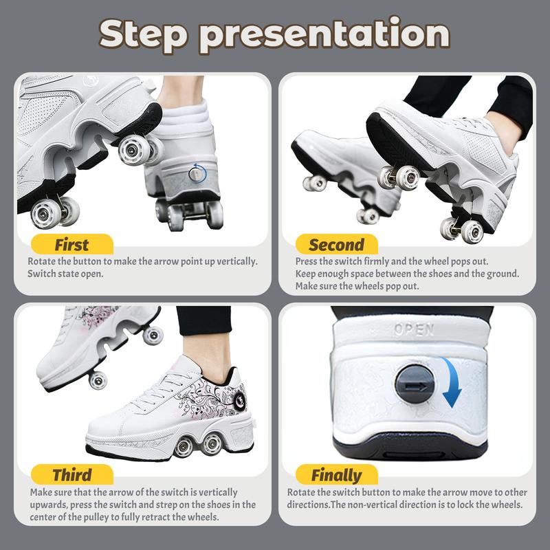 Yousulun Deformation Roller Skate Shoes, White Red Rollerskates with 4 Retractable Wheels, Roller Skates for Men and Women, 2-in-1 Shoes for Outdoor Sport, Comfortable Sneakers, Unique Gift