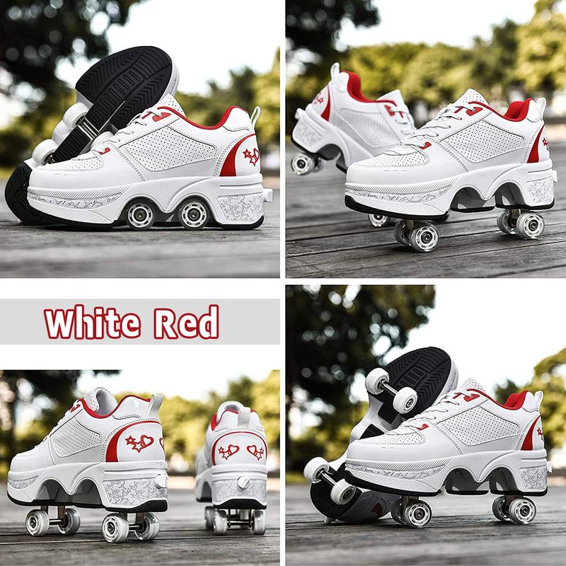 Yousulun Deformation Roller Skate Shoes, White Red Rollerskates with 4 Retractable Wheels, Roller Skates for Men and Women, 2-in-1 Shoes for Outdoor Sport, Comfortable Sneakers, Unique Gift