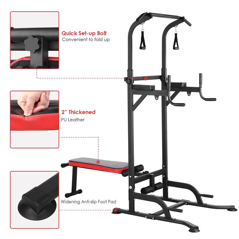 Pull Up Bar Stand with Folding Weight Bench,4 Ropes Strength Training Fitness adjustable Heights Equipment,for Home Office Gym Strength Training