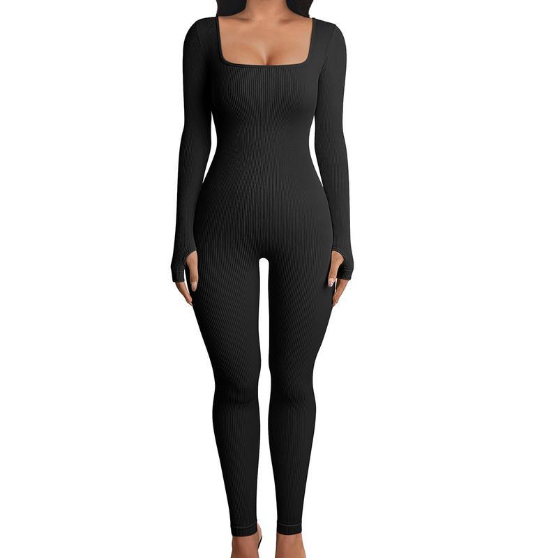 Women's Fitness Yoga Jumpsuit, Ribbed Long Sleeve Sport Overall, Stylish Sportswear for Fall & Spring.