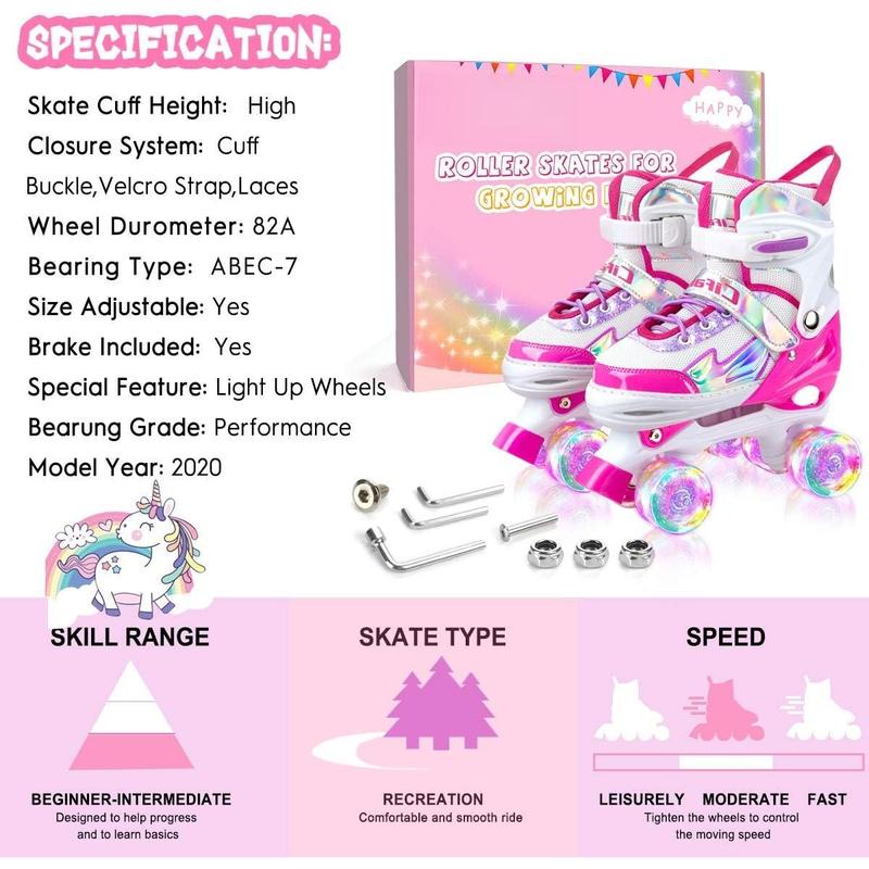 Roller Skates for Girls Boys , Black Pink 4 Sizes Adjustable  Roller Skates with Light up Wheels and Shining Upper Design, Roller Skates for   Ages 4-13