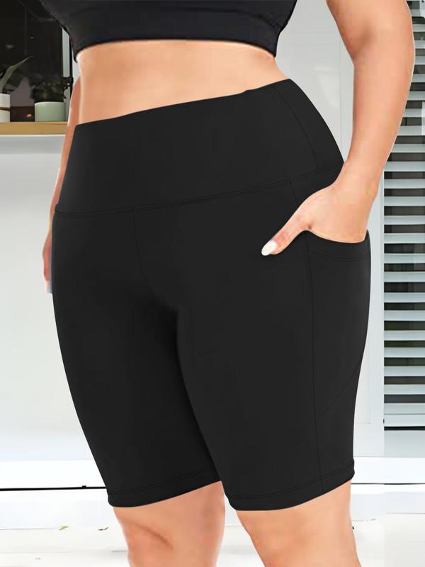 Plus Size Solid High Waist Pocket Short Legging, Casual Comfy High Stretch  Skinny Shorts for Daily Outdoor Sport, Women's Bottoms for Summer