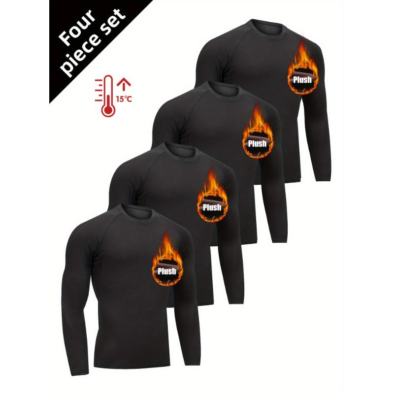 4pcs Men'S Thermal Plush Long Sleeve Sports Tops, Polyester Crew Neck, Medium Stretch Knit Fabric, Solid Color, Skinny Fit, with Universal Adult Male Compression Shirts for Fall Winter, Running, Gym, Hiking, Casual & Sports Activities