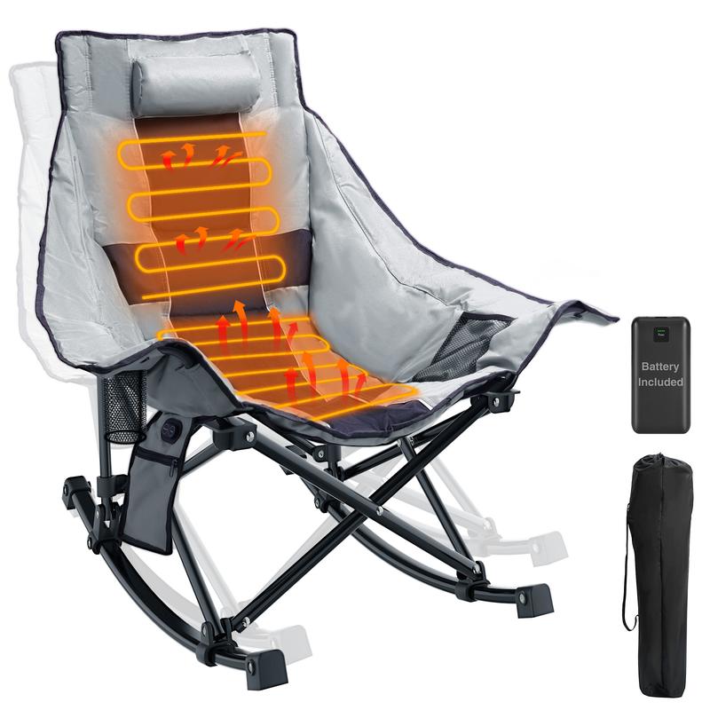 Oversized Rocking Camping Chair, XL Heated Camping Chair w  3 Levels Heat for Back+Seat, Padded Rocking Lawn Chair with 20000 mAh Power Bank, Pillow, Side Pocket, Carry Bag