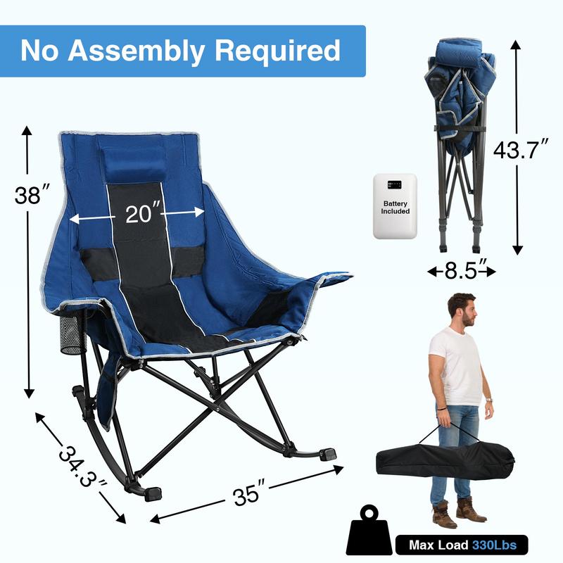 Oversized Rocking Camping Chair, XL Heated Camping Chair w  3 Levels Heat for Back+Seat, Padded Rocking Lawn Chair with 20000 mAh Power Bank, Pillow, Side Pocket, Carry Bag