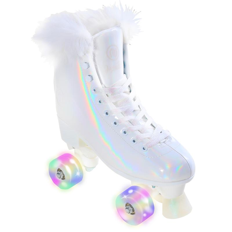 JajaHoho Roller Skates for Women, White Holographic High Top PU Leather Rollerskates, Shiny Double-Row Four Pearl Giltter Wheels Quad Skates for Girls and Age 8-50 Indoor Outdoor (White Swan)