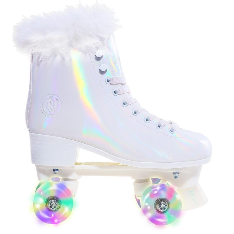 JajaHoho Roller Skates for Women, White Holographic High Top PU Leather Rollerskates, Shiny Double-Row Four Pearl Giltter Wheels Quad Skates for Girls and Age 8-50 Indoor Outdoor (White Swan)