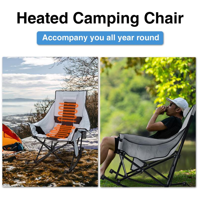 Oversized Rocking Camping Chair, XL Heated Camping Chair w  3 Levels Heat for Back+Seat, Padded Rocking Lawn Chair with 20000 mAh Power Bank, Pillow, Side Pocket, Carry Bag