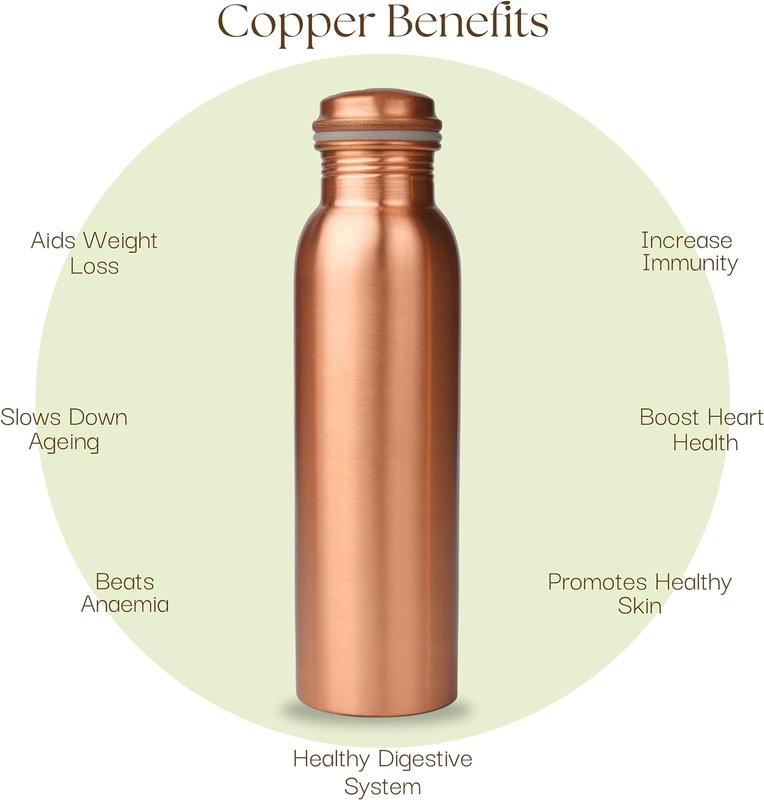 100% PURE Copper Water Bottle 34 oz Leak Proof Design Ayurveda Benefits Pitcher for Sport Fitness Yoga 1000 ml