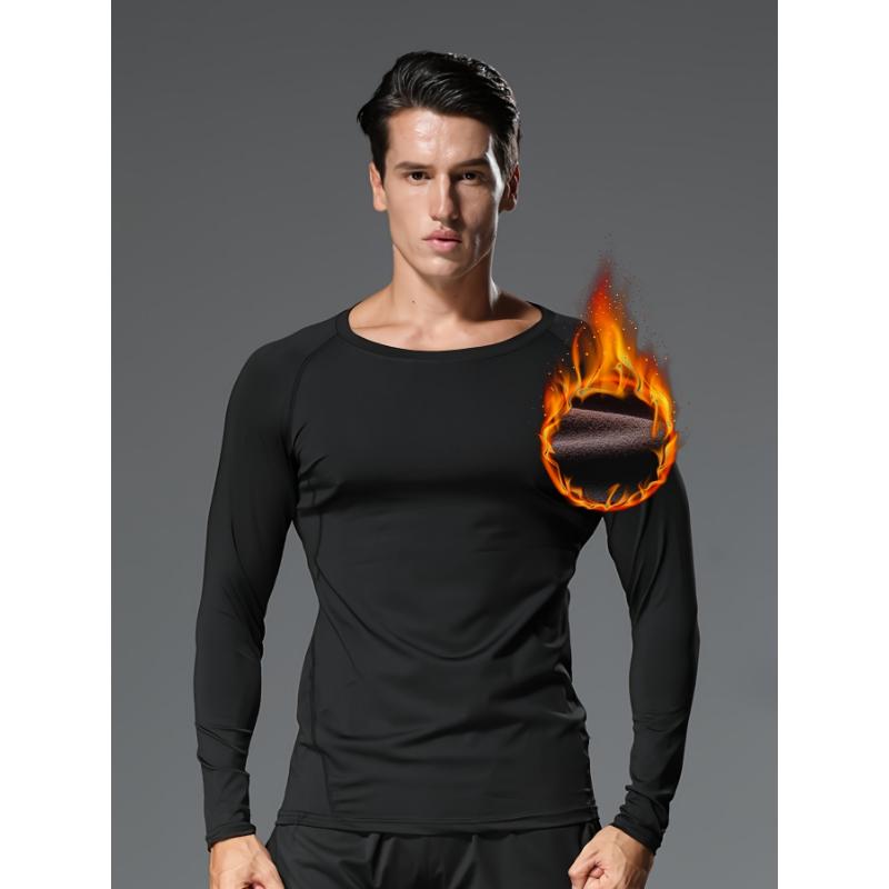 4pcs Men'S Thermal Plush Long Sleeve Sports Tops, Polyester Crew Neck, Medium Stretch Knit Fabric, Solid Color, Skinny Fit, with Universal Adult Male Compression Shirts for Fall Winter, Running, Gym, Hiking, Casual & Sports Activities