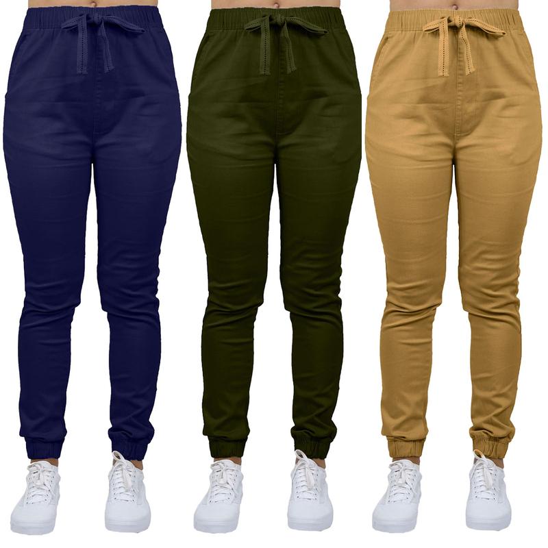 3-Pack Women's Loose Fit  Basic Stretch Twill Joggers