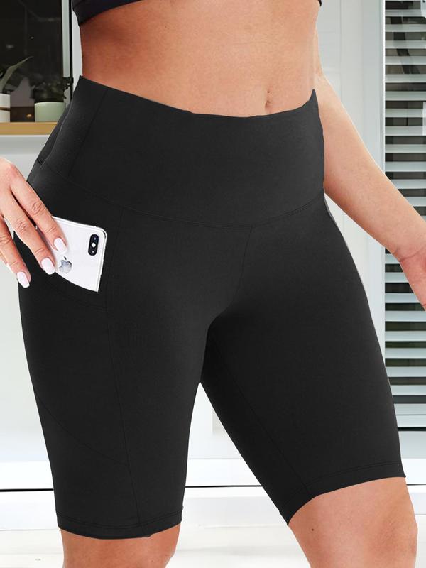 Plus Size Solid High Waist Pocket Short Legging, Casual Comfy High Stretch  Skinny Shorts for Daily Outdoor Sport, Women's Bottoms for Summer