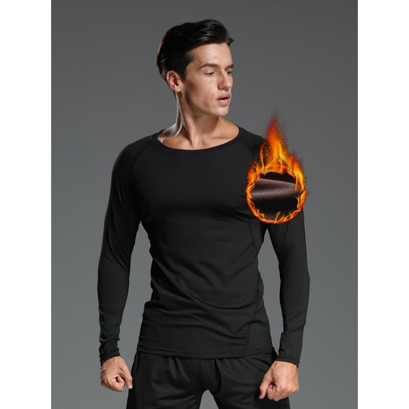 4pcs Men'S Thermal Plush Long Sleeve Sports Tops, Polyester Crew Neck, Medium Stretch Knit Fabric, Solid Color, Skinny Fit, with Universal Adult Male Compression Shirts for Fall Winter, Running, Gym, Hiking, Casual & Sports Activities