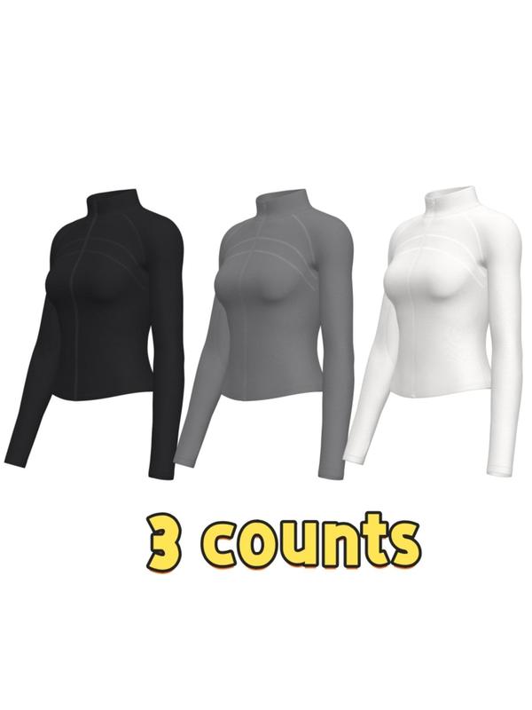 Women's Solid Zip Up Sports Jacket, Sporty Raglan Sleeve Stand Collar Outerwear for Gym Workout Running, Ladies Sportswear for All Seasons