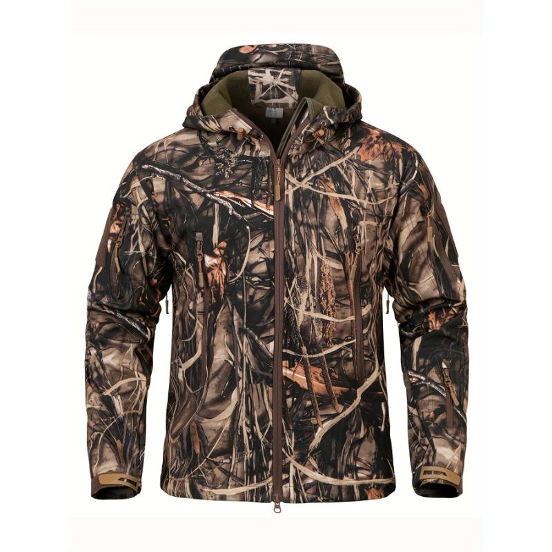 intensification 1pc Men'S Tactical Camouflage Hunting Jacket - Water-Resistant, Warm Fleece-Lined, Soft Shell Outdoor Hoodie Coat with Pockets, Zippered, Regular Fit, Polyester & Spandex, Winter Sports Gear