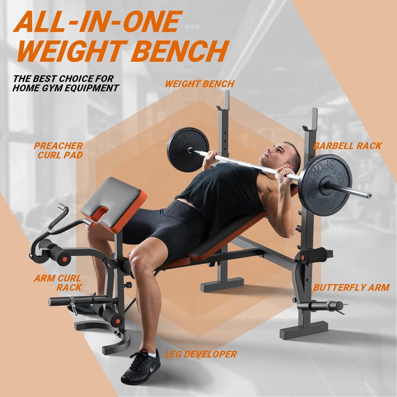 660lb 6-in-1 Adjustable Weight Bench with Multi-Purpose Workout Bench Set With Barbel  and  Developer for Home Gym Full Body Function Strength Training