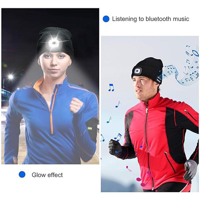 Beanie Bluetooth Cap With Light,USB Rechargeable LED Light Cap,Wireless Winter Warm Knitted Cap With Music Earphones For Night Walking, Fishing, Camping,And Hunting,Creative Gift For Christmas New Year