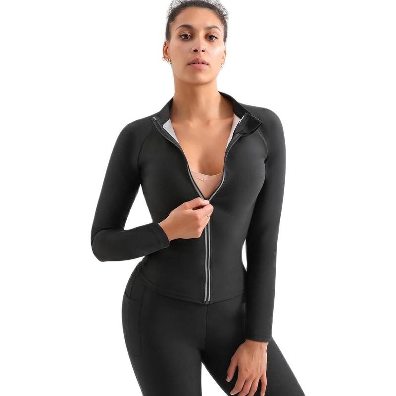 Hot Sweat Shaper Jacket Waist Trainer Long Sleeve Zipper Shirt Workout Tops