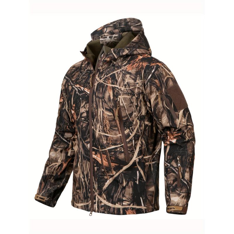 intensification 1pc Men'S Tactical Camouflage Hunting Jacket - Water-Resistant, Warm Fleece-Lined, Soft Shell Outdoor Hoodie Coat with Pockets, Zippered, Regular Fit, Polyester & Spandex, Winter Sports Gear