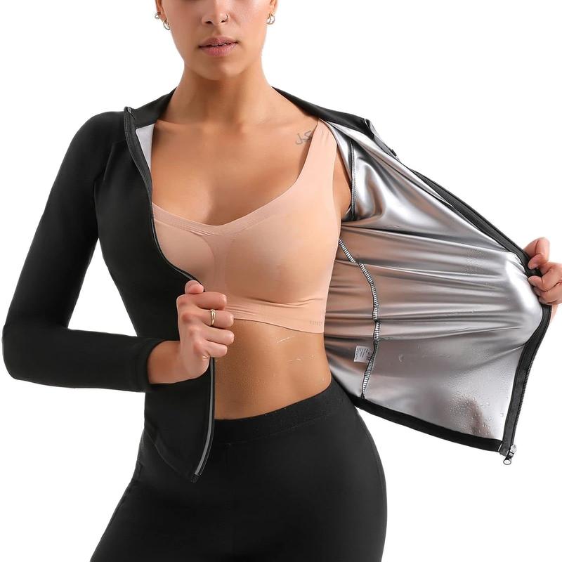 Hot Sweat Shaper Jacket Waist Trainer Long Sleeve Zipper Shirt Workout Tops