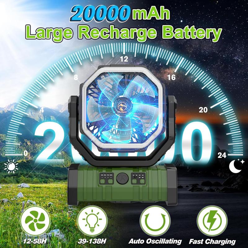 20000mAh Camping with LED Light,Auto-Oscillating Desk with Remote & Hook,Rechargeable Battery Operated Outdoor Tentwith Timer,4 Speeds USB for Camp Travelpetite light fan Mobile portable outdoor camping portable fan Christmas New Year Gift