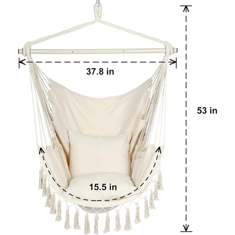 Hammock Chair Hanging Rope Swing, Max 500 Lbs, 2 Cushions Included, Large Macrame Hanging Chair with Pocket for Superior Comfort, with Hardware Kit (Beige)