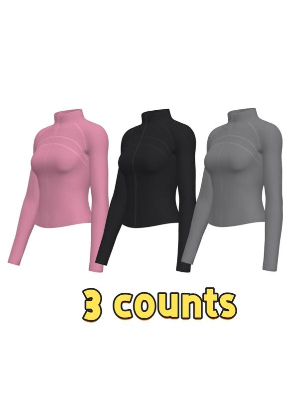 Women's Solid Zip Up Sports Jacket, Sporty Raglan Sleeve Stand Collar Outerwear for Gym Workout Running, Ladies Sportswear for All Seasons